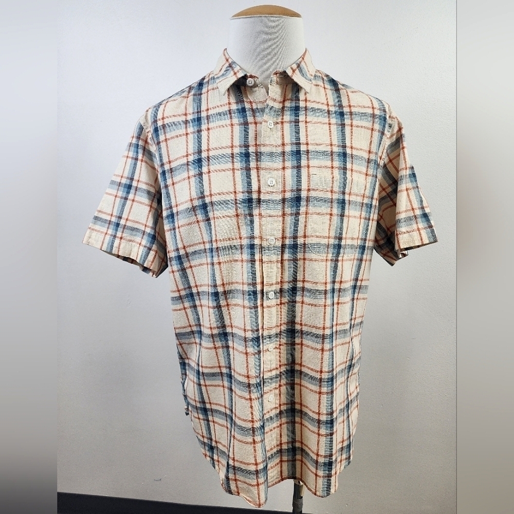 Roebuck & Co Plaid Button Down Shirt Red Navy Cotton Size Medium